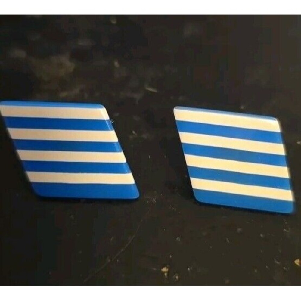 Vintage 1970 's Blue & White Stripped Design Pierced Earrings